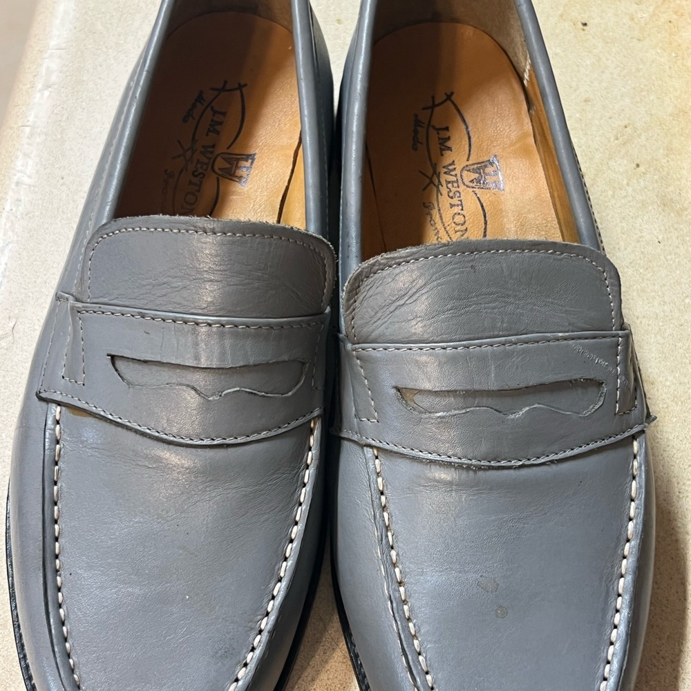 Gray Penny Loafers with Smooth Finish